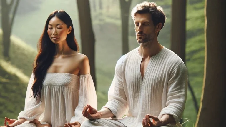 a man and woman sitting in a yoga pose